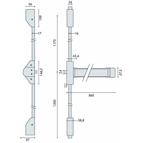 Fermeture anti-panique applique FLEXIT B, 2/3 points, barre 860, Noire