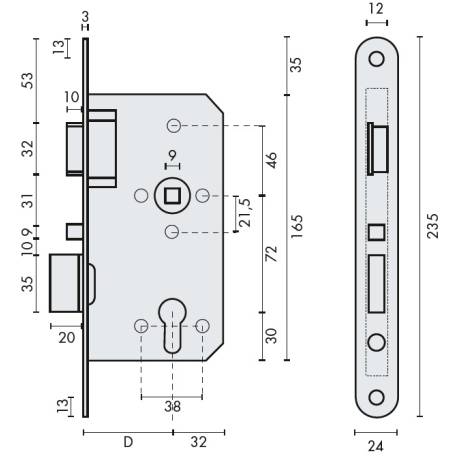 Serrure encastrée 1 point cylindre europ., fermeture auto, dte din L , axe 55 mm