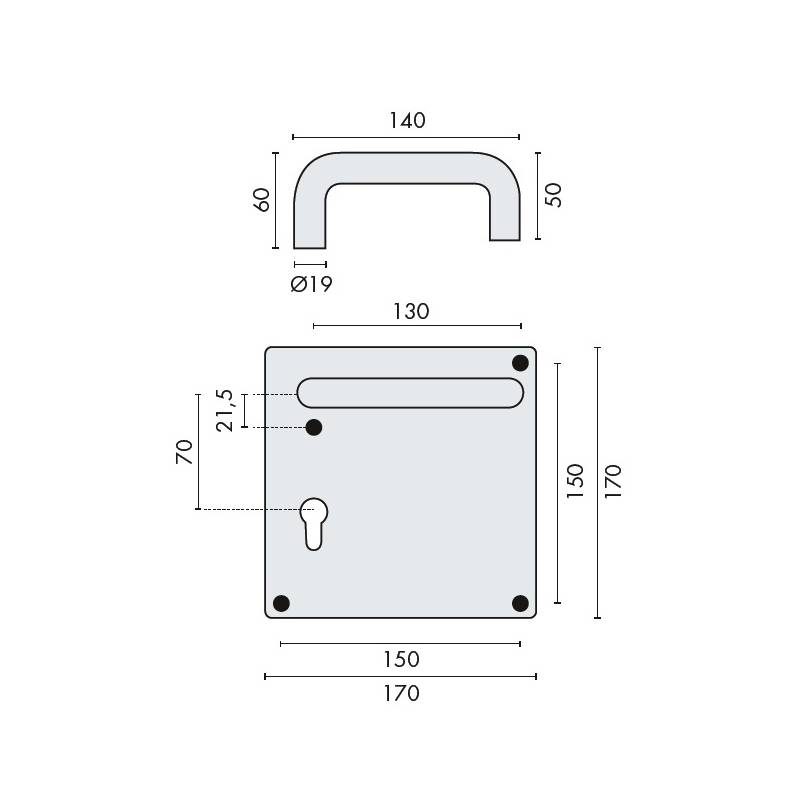Paire de béquilles sur plaque U 19 mm fonction clé I, inox brossé 304 S/R
