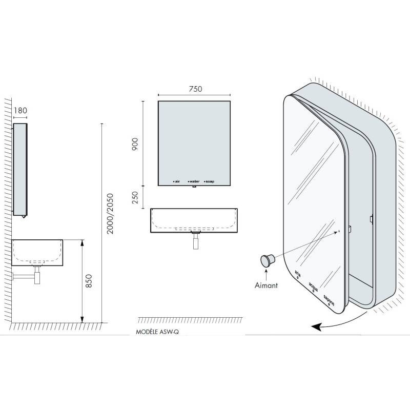 Meuble Supermiroir ASW-Q comprenant Savon, eau et sèche mains éléctr + miroir.