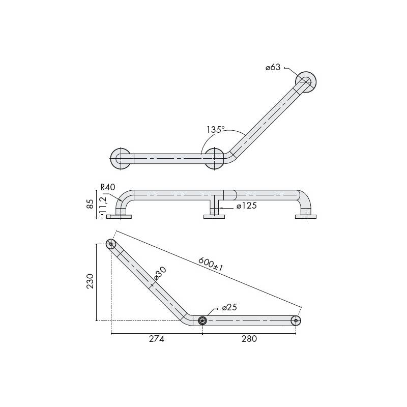 Barre d'appui coudée à 135° gauche, inox brossé 304