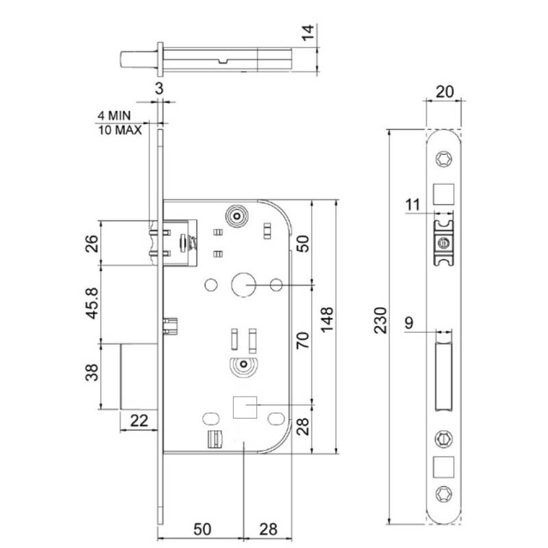 Serrure EXS 17, condamnation à rouleau axe 50 mm  bouts ronds inox sans gache
