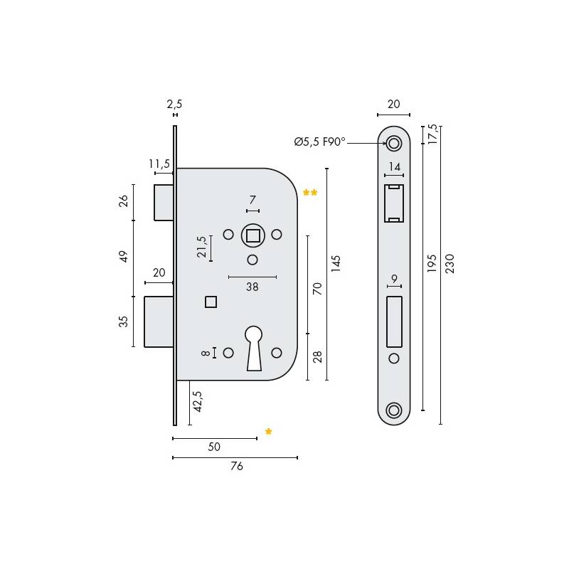 Serrure EXS 13, pêne dormant 1/2 tour clé L axe 50 mm NF bouts ronds noire