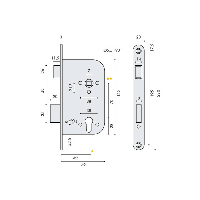 Serrure EXS 14, cylindre européen axe 50 mm NF-QC bouts ronds aspect inox
