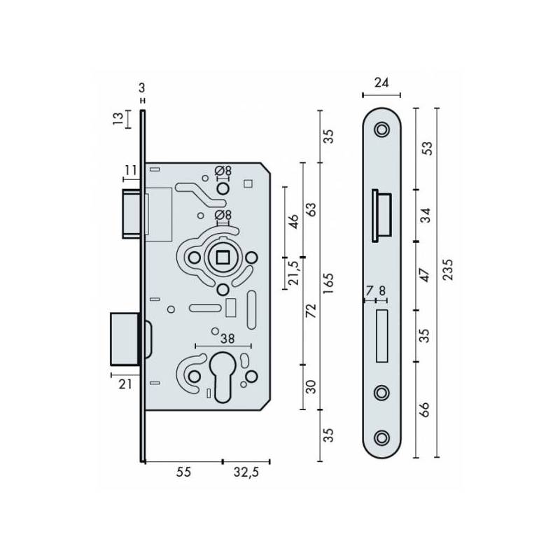 Serrure encastrée, 1 point, clé I, axe 55mm entraxe 72mm , aspect inox
