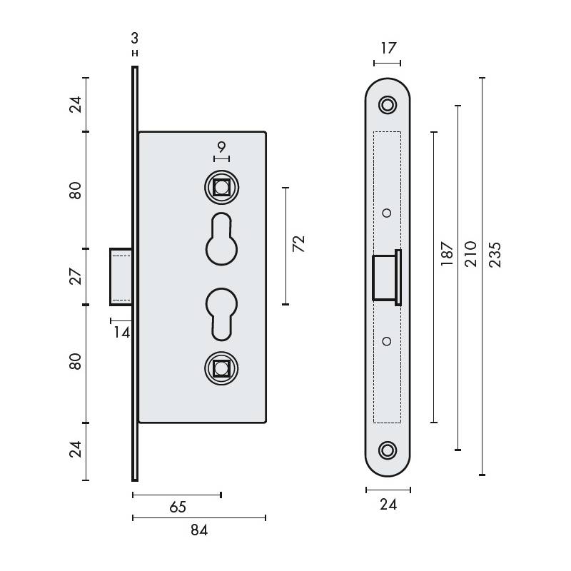 Serrure standard réversible à encastrer pour porte métallique