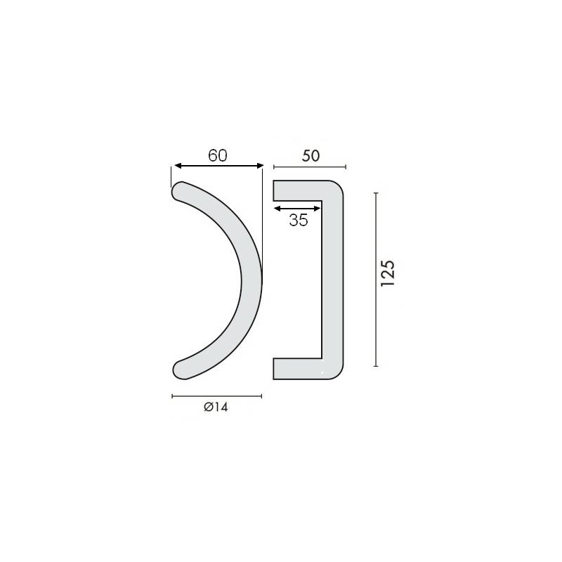 Poignée de tirage demi-lune Ø 14 mm, à douille, entraxe 125 mm, inox brossé 316