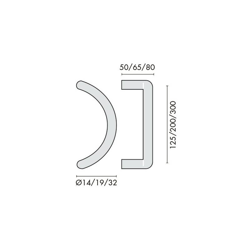 Poignée de tirage demi-lune Ø 19 mm, filetée, entraxe 200 mm, inox brossé 316