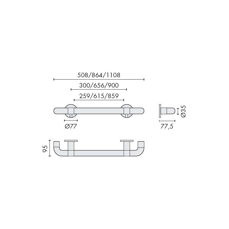 Barre de maintien PMR avec embouts coudés à 90°, lg 615 mm, inox brossé 316