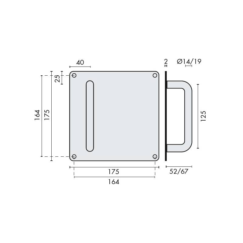 Poignée de tirage sur plaque Ø 14 mm, 175x175 mm, inox brossé 316