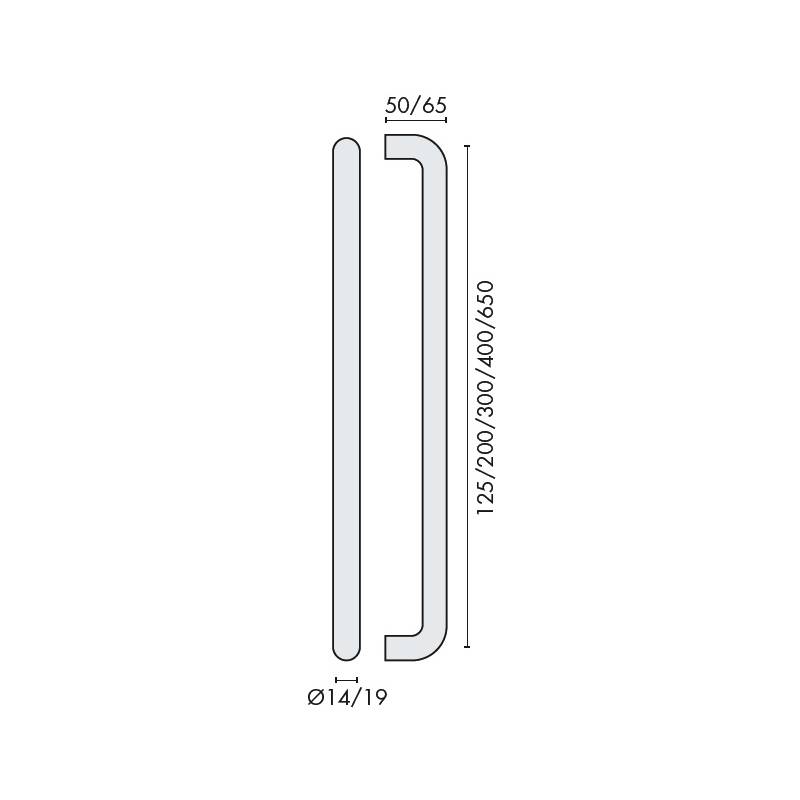 Poignée de tirage droite Ø 14 mm, à douille, entraxe 300 mm, inox brossé 316