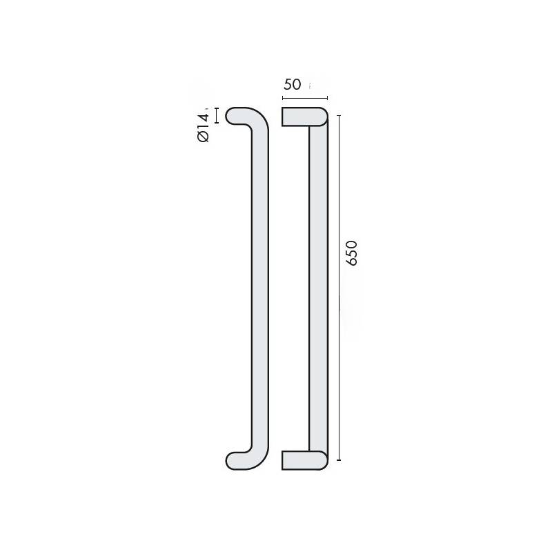 Poignée de tirage déportée Ø 14 mm, à douille, entraxe 650 mm, inox brossé 316