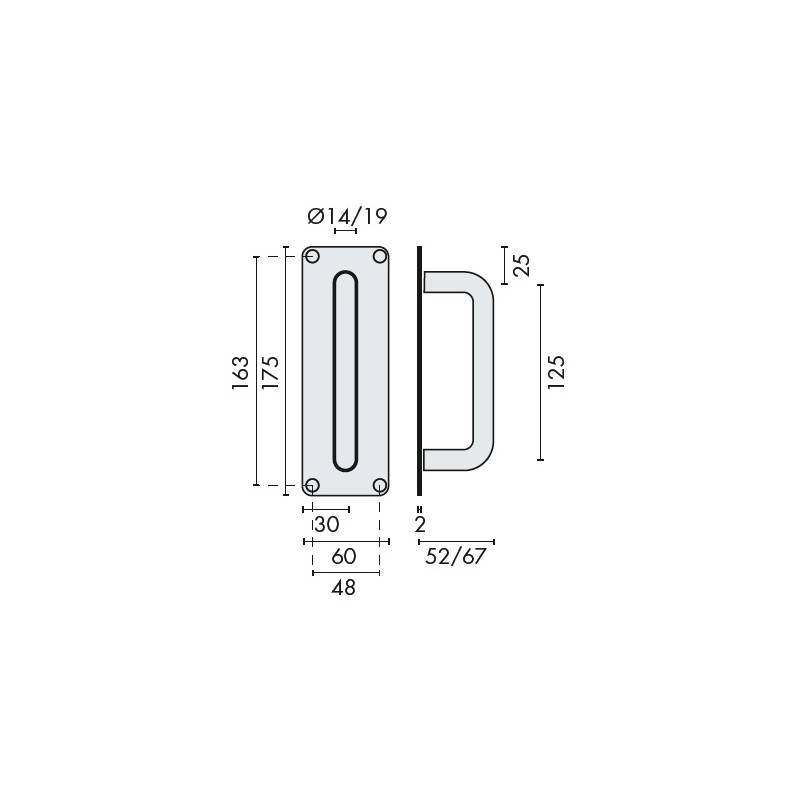 Poignée de tirage sur plaque Ø 19 mm, 175x60 mm, inox brossé 316