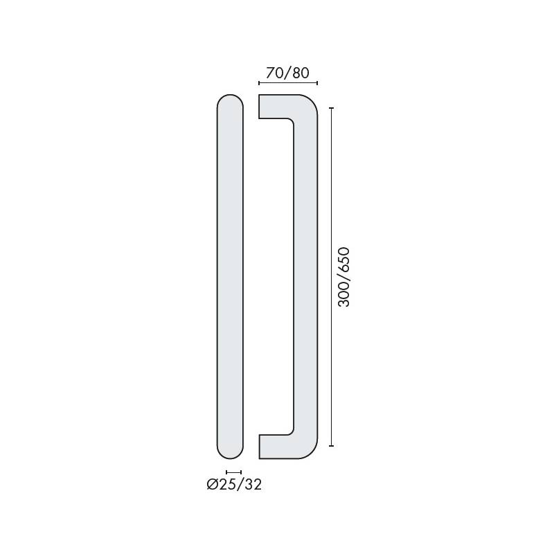 Poignée de tirage droite Ø 25 mm, filetée, entraxe 300 mm, inox brossé 316