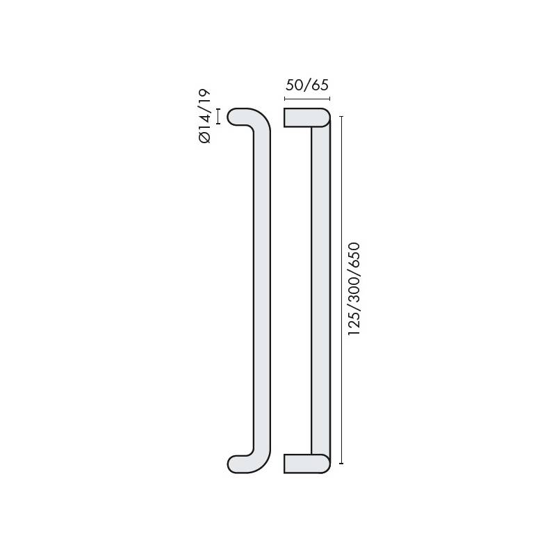 Poignée de tirage déportée Ø 19 mm, à douille, entraxe 650 mm, inox brossé 316