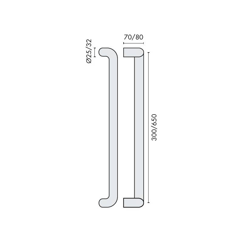 Poignée de tirage déportée Ø 32 mm, filetée, entraxe 650 mm, inox brossé 316