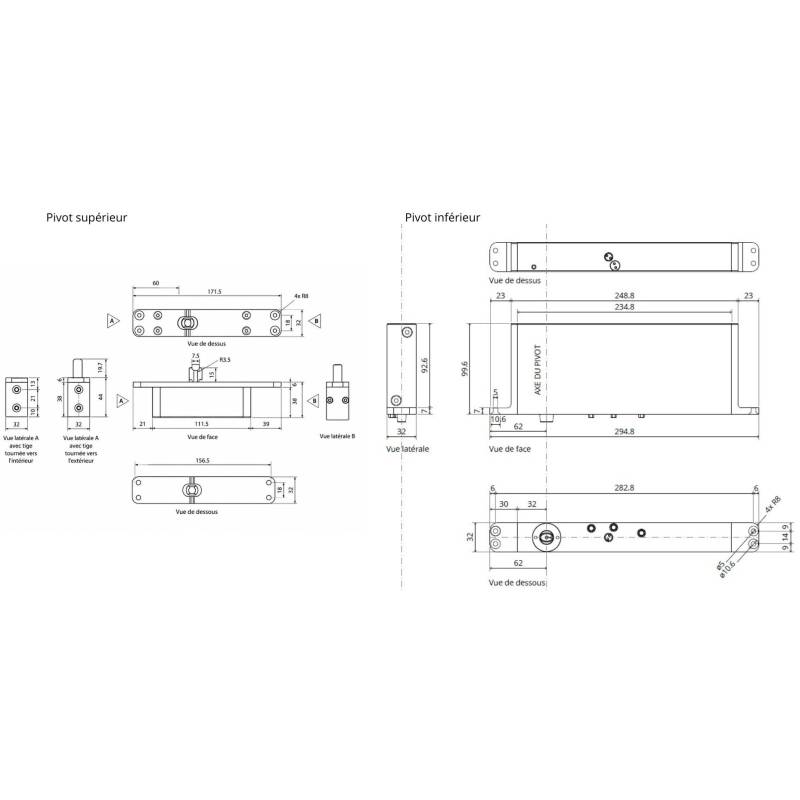 Ensemble pivot Système M+ réf. STM+F/TP70 avec plaque rectangulaire flush  inox