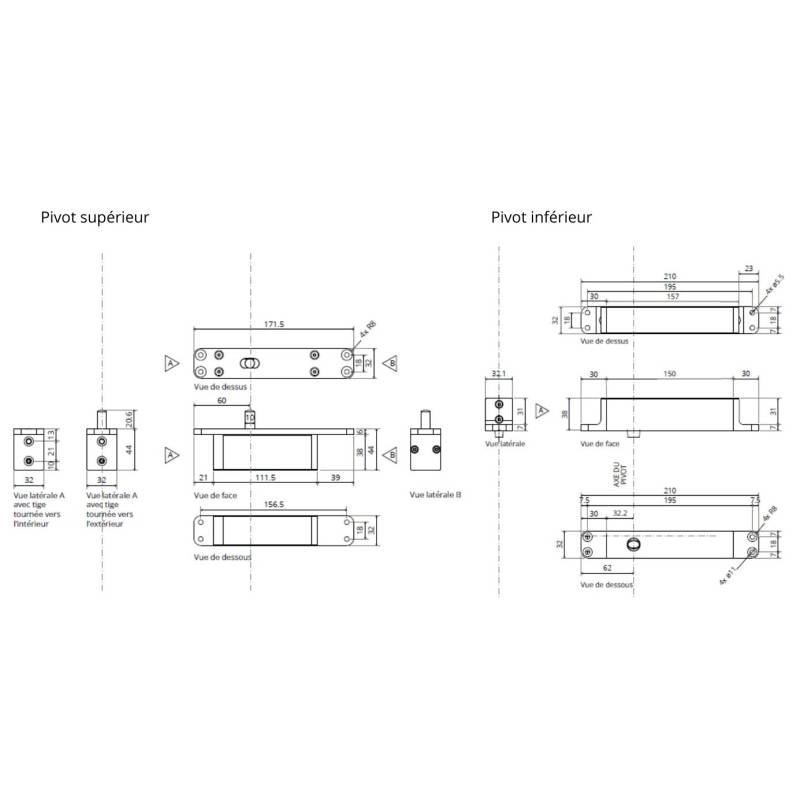 Ensemble pivots ST ONE A/TP70 Fx + plaques rectangulaires inox avec arrêt 0&amp;90°