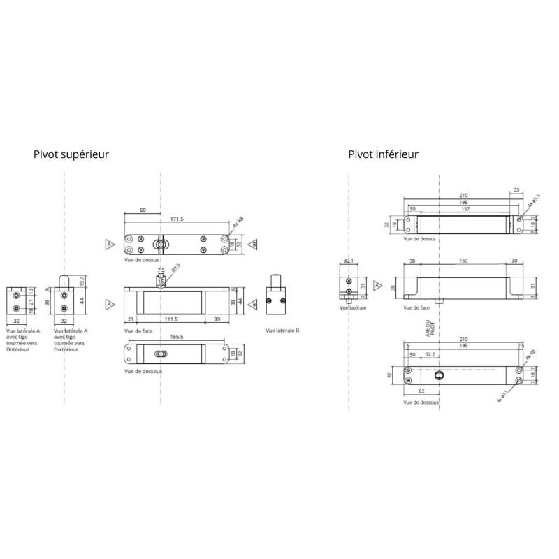 Ensemble pivots ST ONE C/TP70 Fx + plaques rectangulaires inox avec arrêt 0&amp;90°