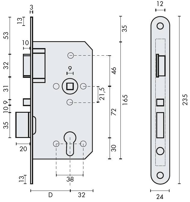 Serrure Encastrée Gerda 90/50 KeyMet - Acier - 170x80mm - Pour Porte Gauche/droite
